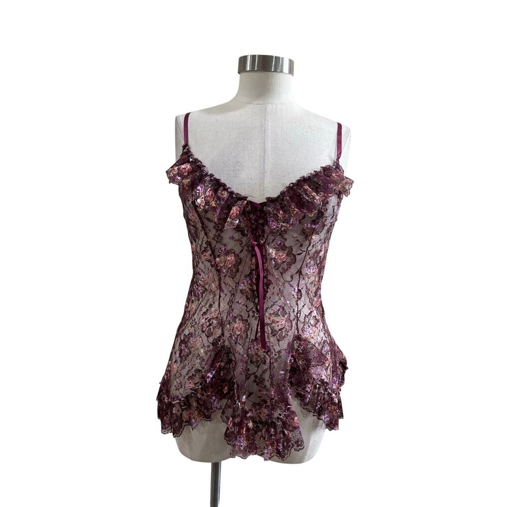 Vintage Midnight Hour Purple Lace Lingerie Nightie Cami Ruffle Hem Top Sz M